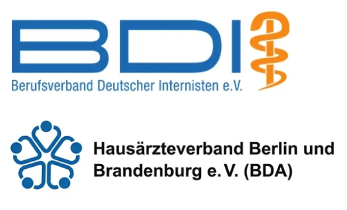 Logos des Berufsverbands Deutscher Internisten e.V. (BDI) mit einem Äskulapstab und des Hausärzteverbands Berlin und Brandenburg e.V. (BDA) auf weißem Hintergrund.